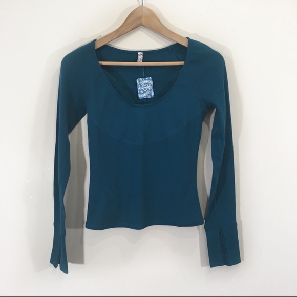 Free People Teal Lace Ribbed Crop Longsleeve New - Picture 3 of 5